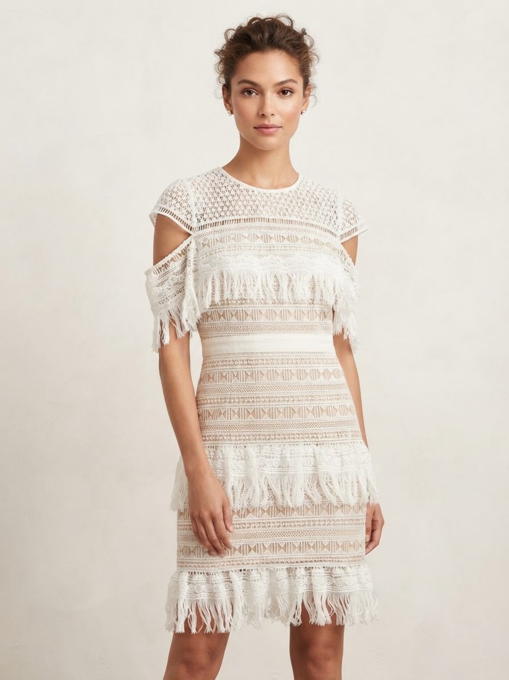 Just Me White Lace Fringe Cold-Shoulder Mini Dress